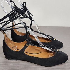 Choe 'Foster' Black Suede Lace-Up Ballet Flat Womens Size 4 / 34